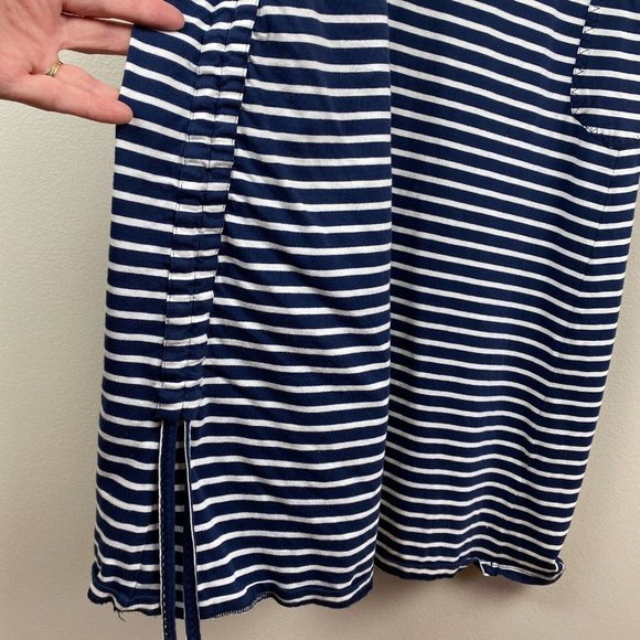 Toad & Co Muse Dress S Midi Stripe Navy Blue White Scrunch Ruche Tie Side V-Neck - Picture 6 of 12